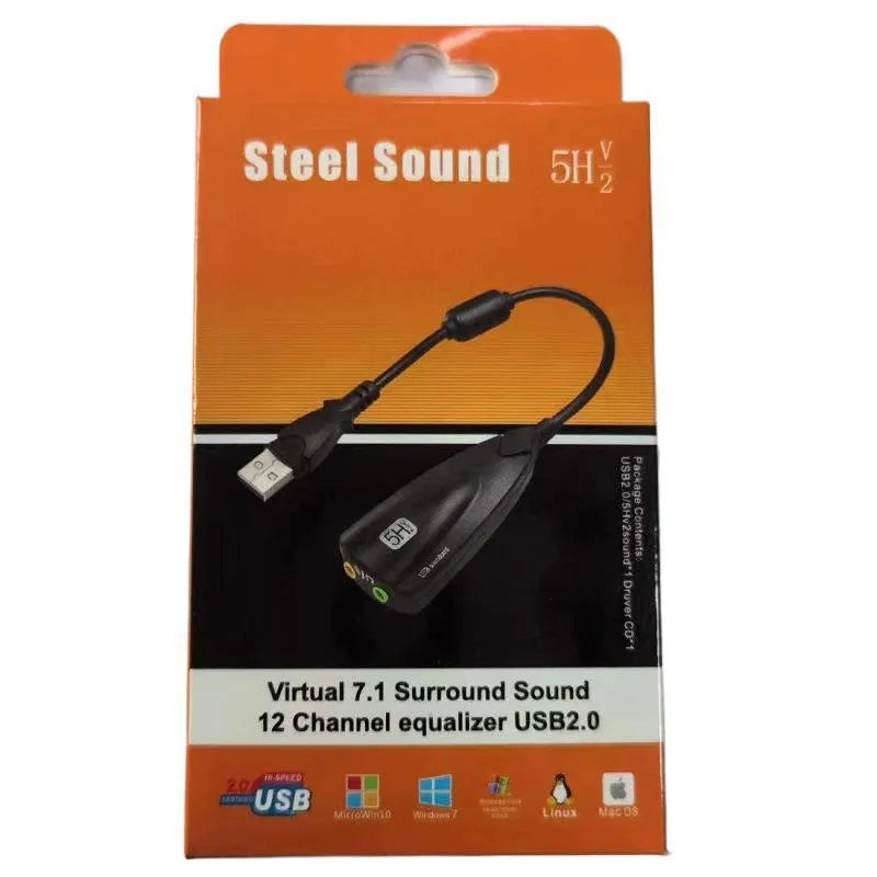 Black 5HV2 external sound card with cable, 7.1 channel support for karaoke chat, triangular design.