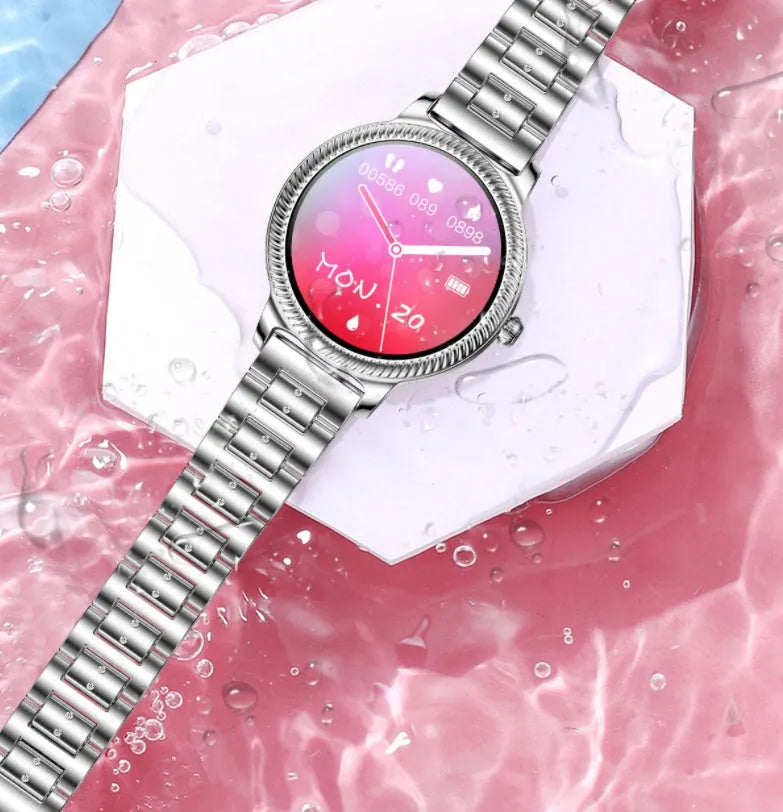AK38 ladies smart watch with stainless steel Milanese band and a lit 1.09-inch colour screen.