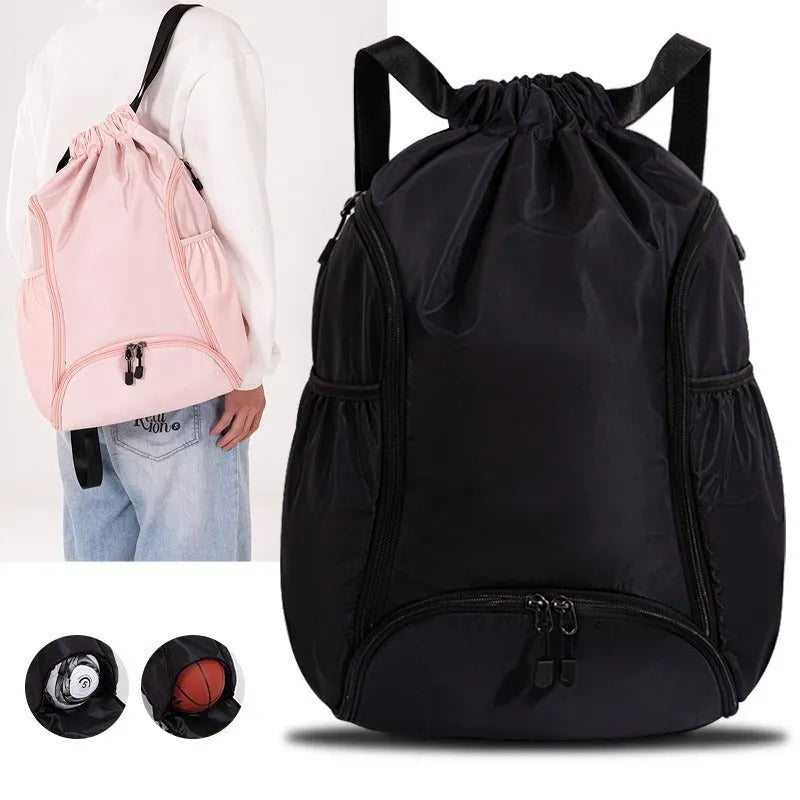 Large black cube-shaped sports backpack with drawstring closure for travel and fitness use