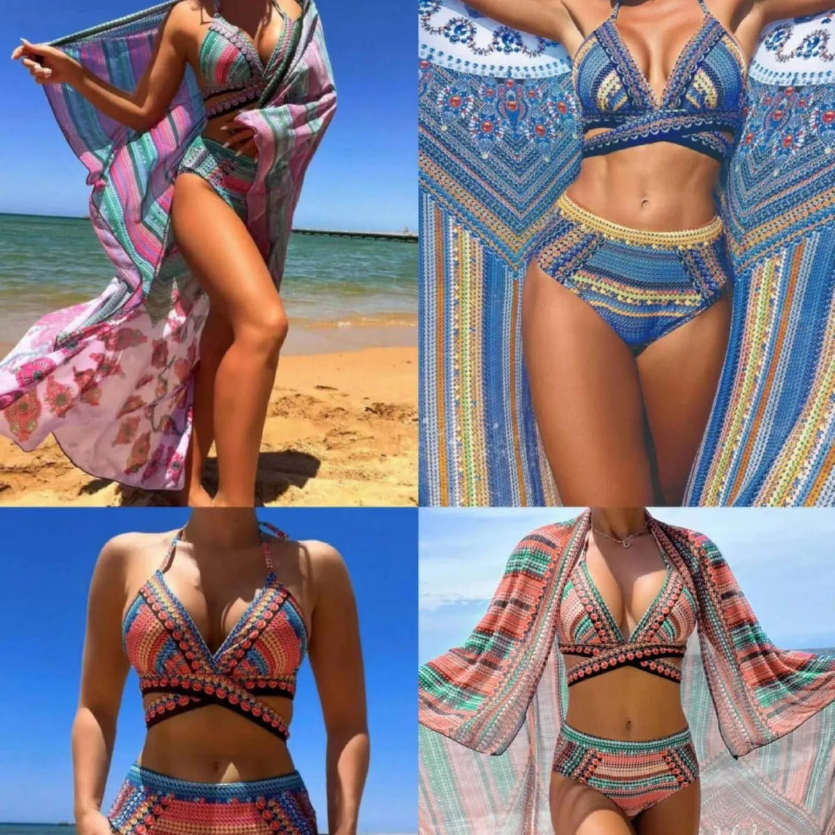 Women's three-piece bikini swimsuit with cross bandage bra and high-waist veiled briefs in blue colour