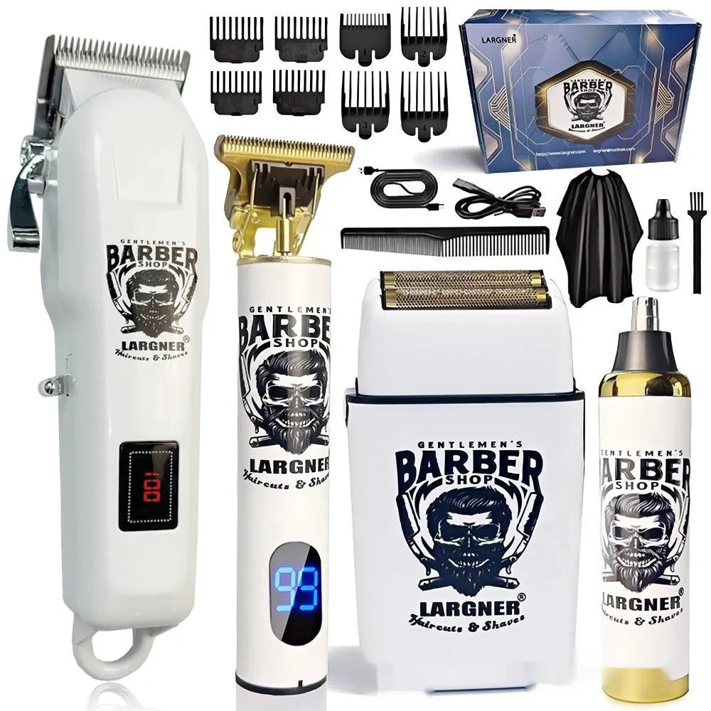 Rechargeable stainless steel hair clipper kit with USB charging cable and 4-in-1 attachments