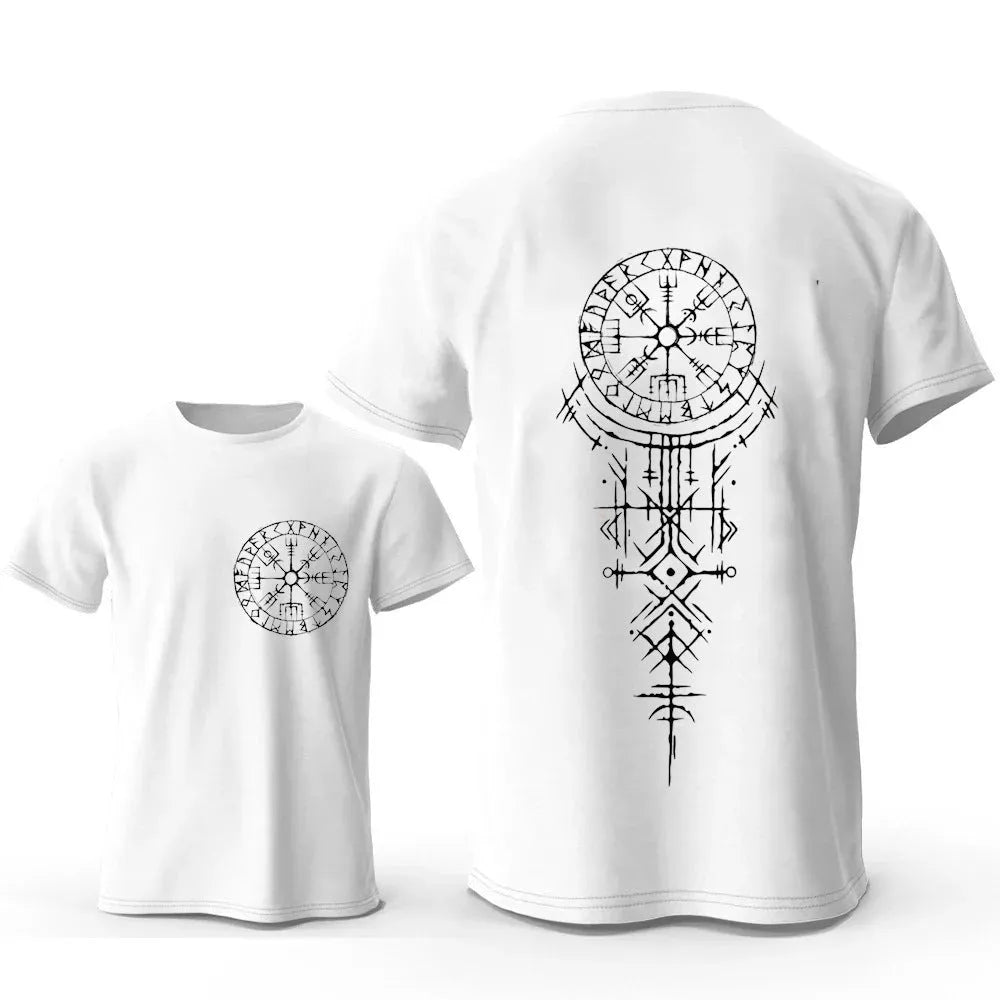 Man's grey t-shirt with a detailed Viking-style compass and rune graphic printed on the chest.