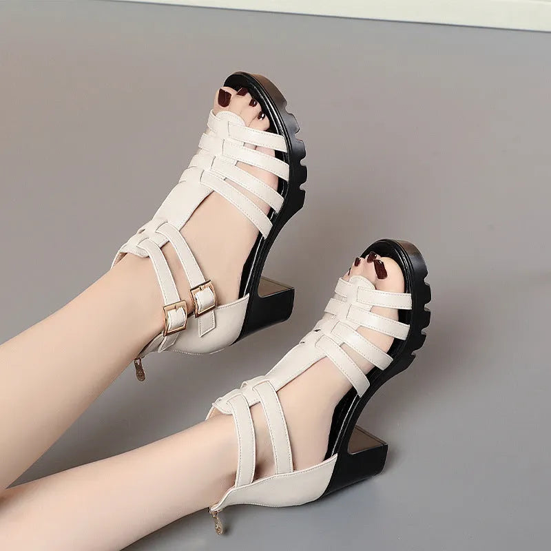 Women's hollow-out high heel sandals with buckle fastening in beige or black colours