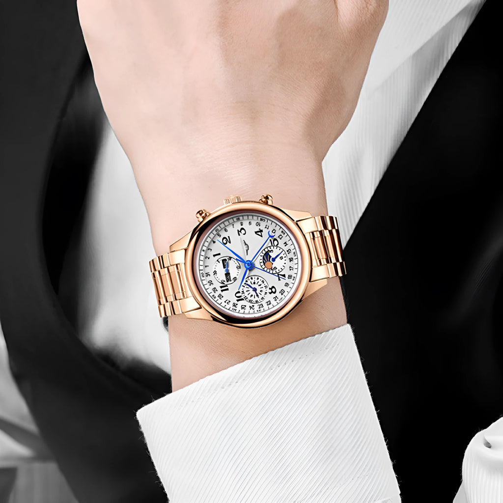 Men's black dial perpetual calendar mechanical watch with leather strap showing moon phase display