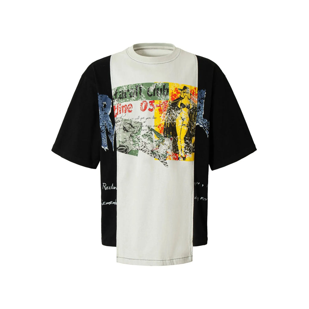 Men's black and white deconstruction print cotton blend t-shirt with loose fit and short sleeves