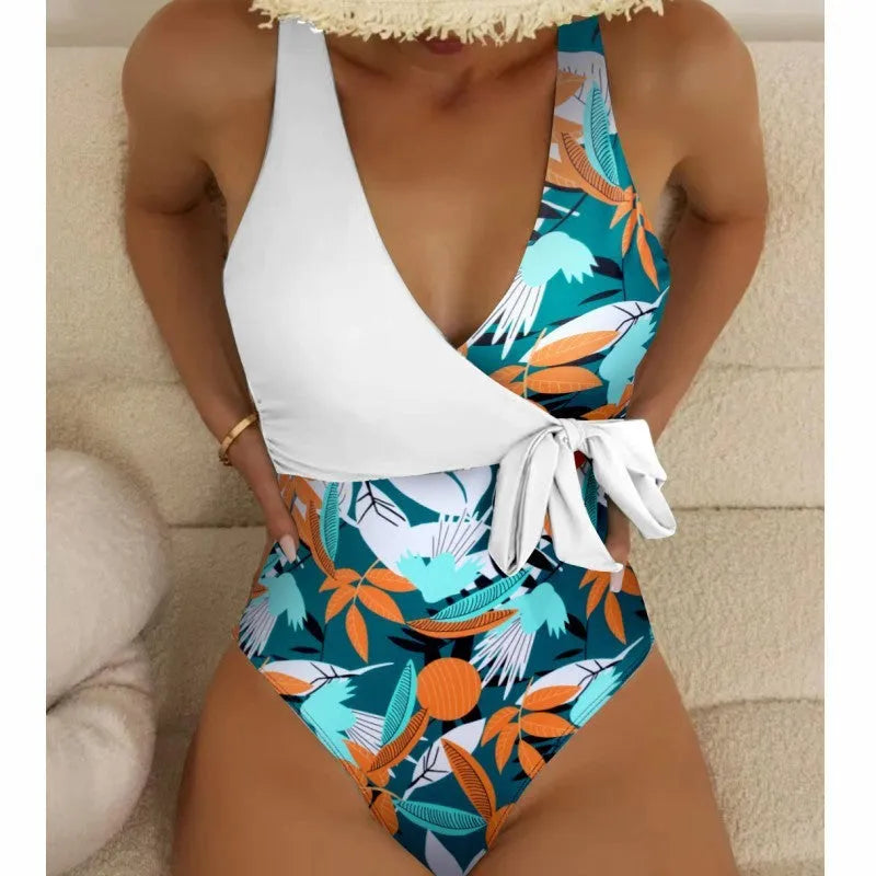 Women's high-waist one-piece swimsuit with printed pattern in quick-drying fabric
