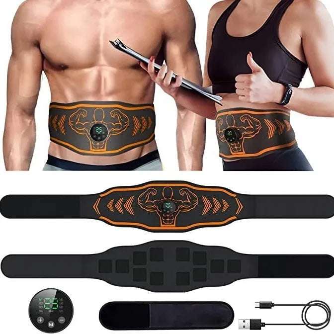 Orange and blue rechargeable EMS smart massage belt with arm and leg pads