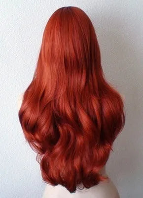 Women's copper red anime long curly wig with 26 inch length on a mannequin head