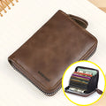 Deep brown anti-degaussing card holder wallet for women with nine card slots and two ID windows.