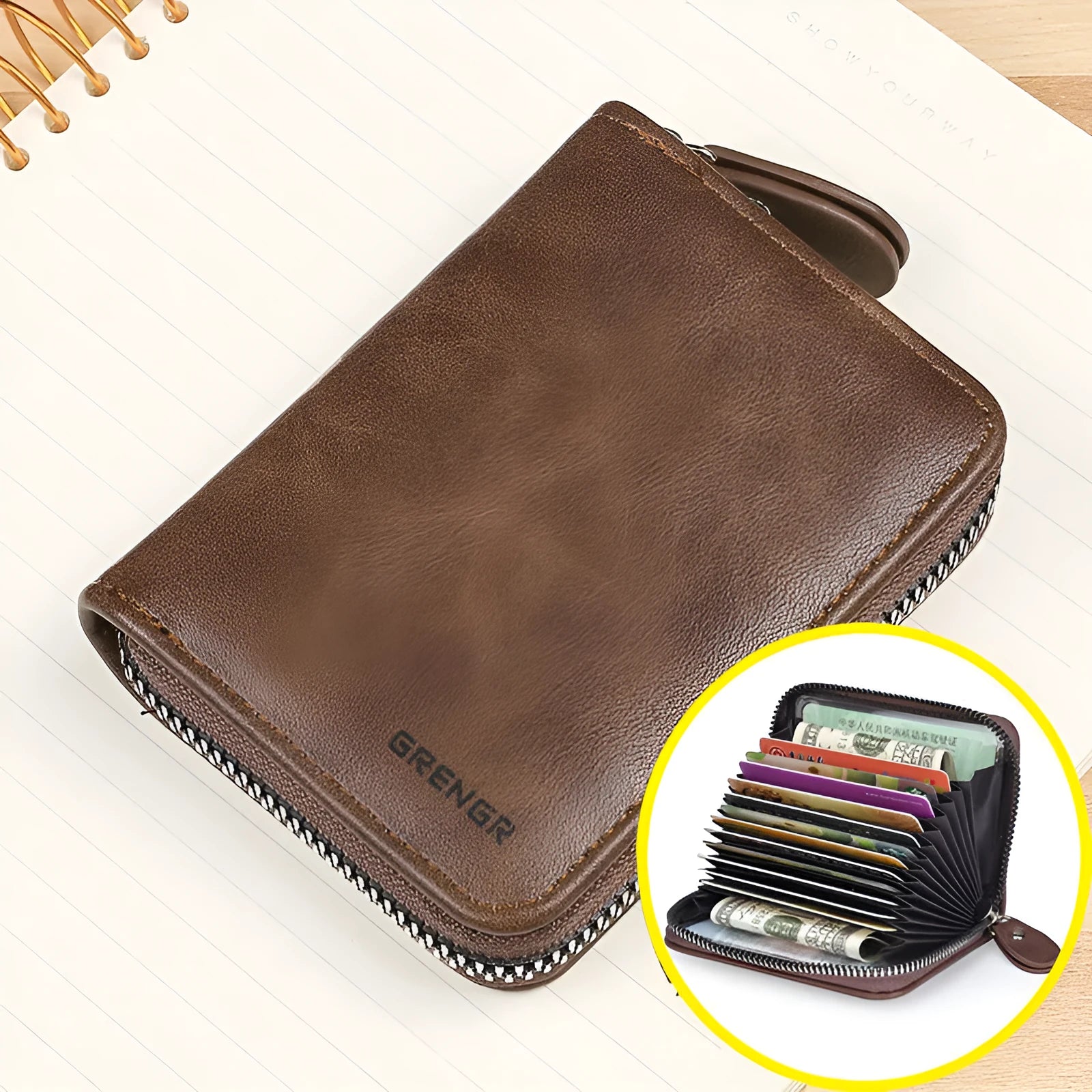 Deep brown anti-degaussing card holder wallet for women with nine card slots and two ID windows.