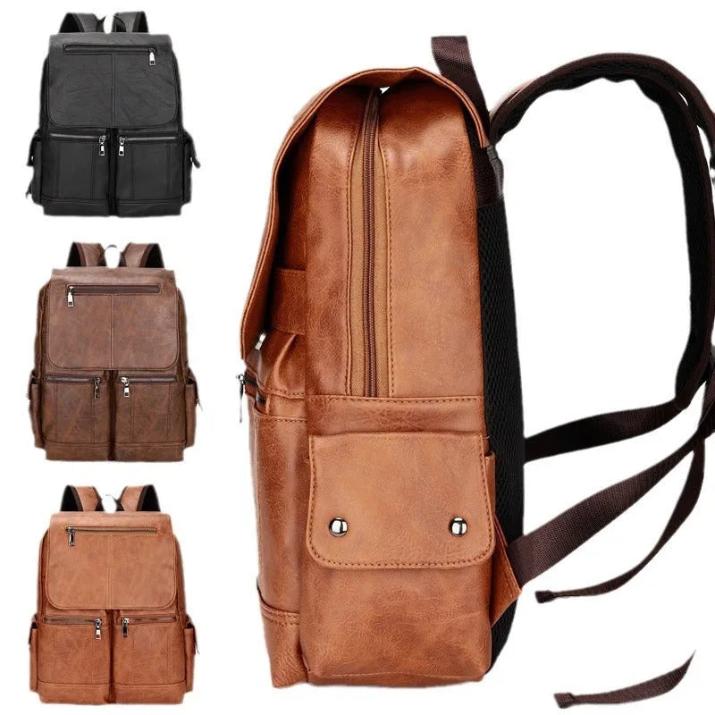 Vintage canvas backpack with sewing thread accents in brown, holding a 14-inch laptop