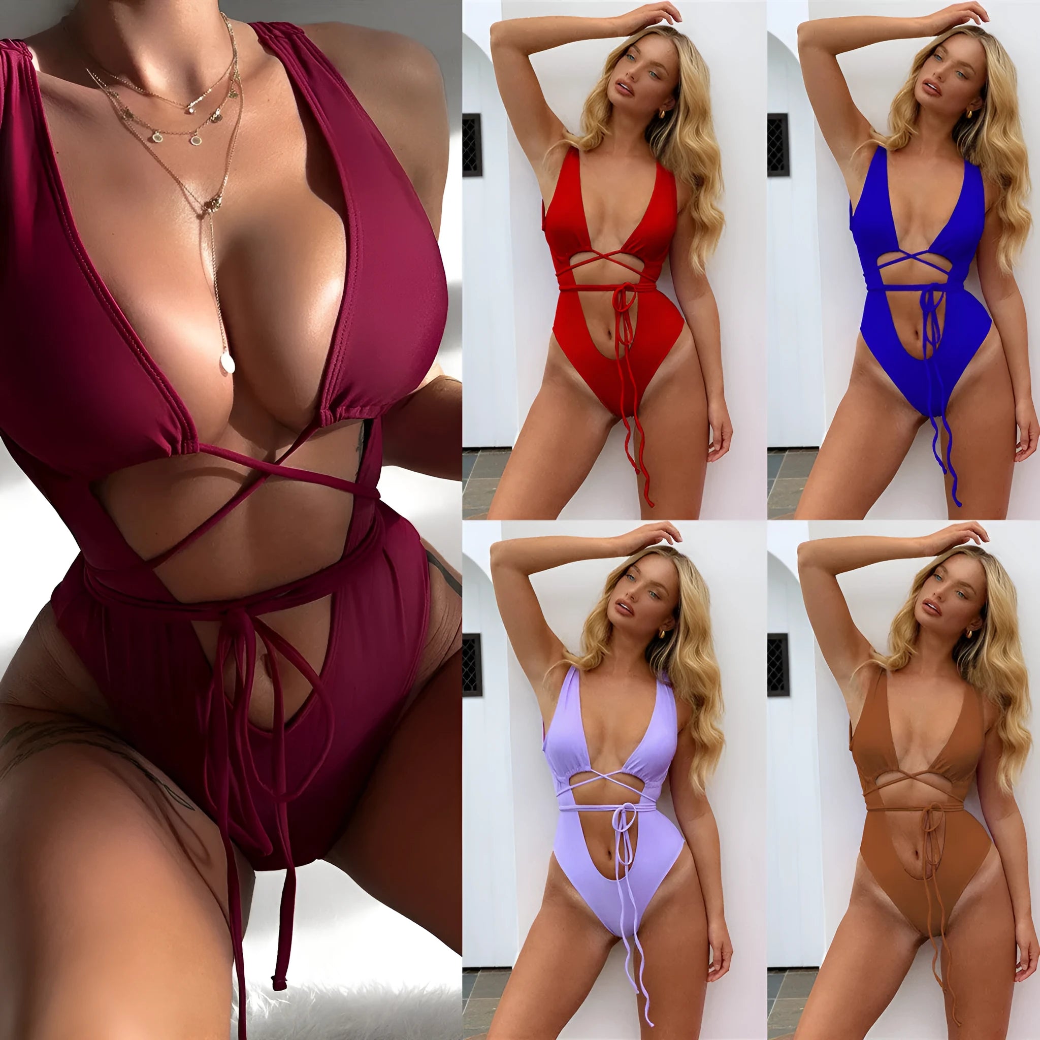 Women's solid-colour one-piece swimsuit with hollow-out strap design in nylon material