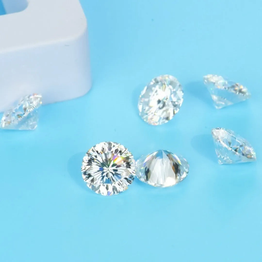 Round loose moissanite gemstone with eight hearts and eight arrows cut on a grey background