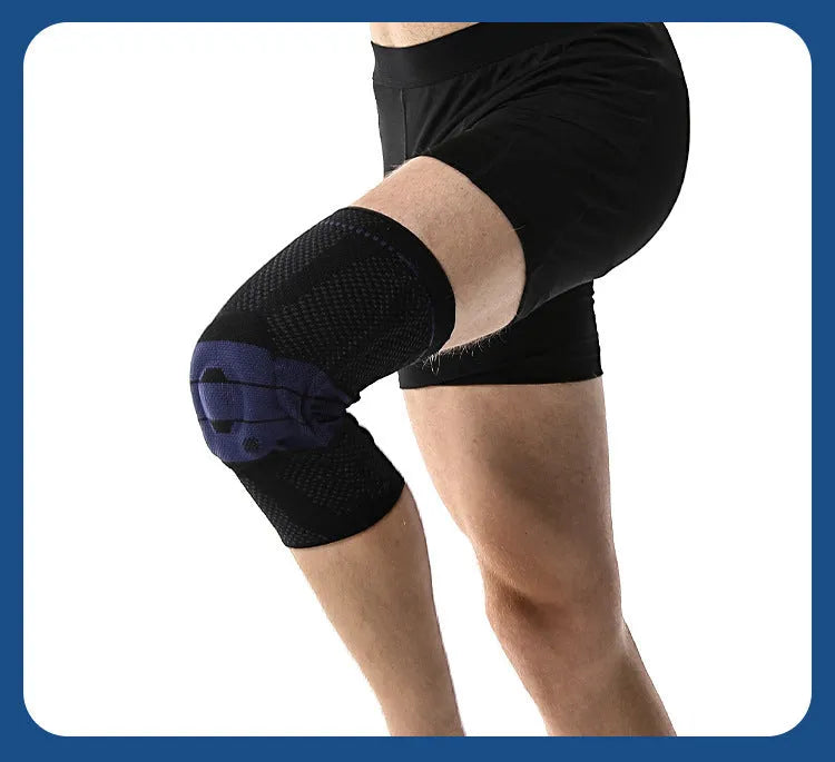 Black and blue adult sports knee pad for basketball and running protection.