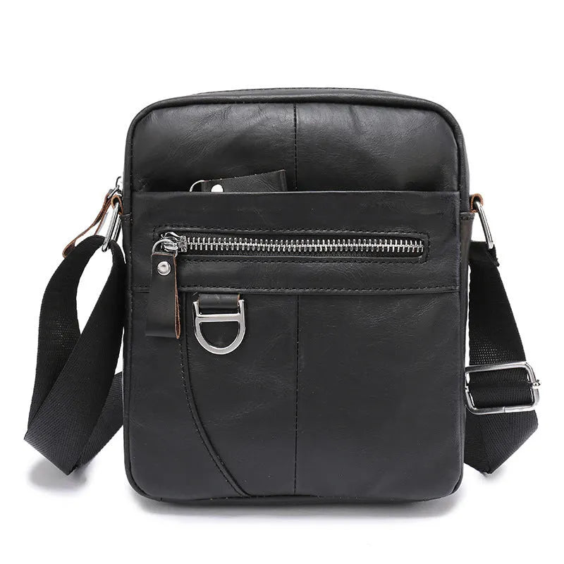 Black genuine leather messenger bag for boys with crossbody strap and sewing line detailing