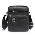 Black genuine leather messenger bag for boys with crossbody strap and sewing line detailing
