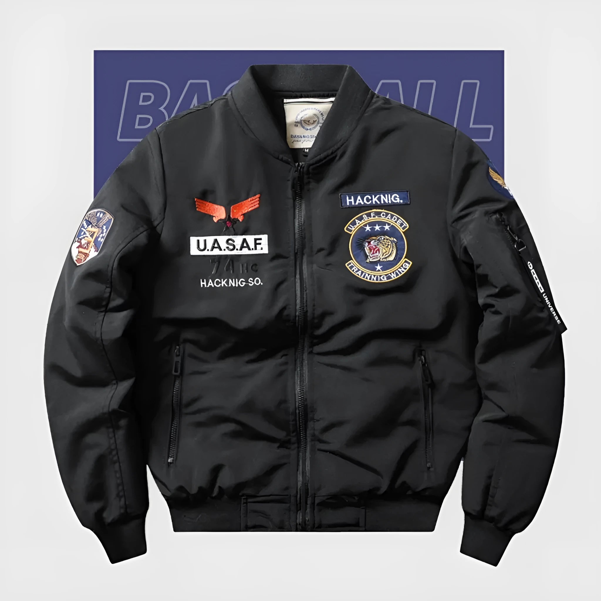 Men's slim-fit black retro motorcycle-style cotton-padded coat with stand collar and embroidery.