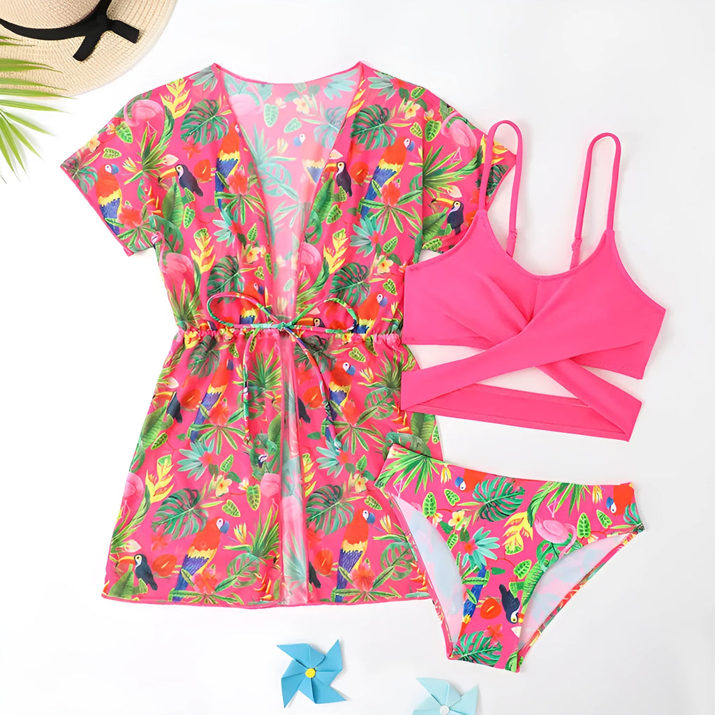 Floral print two-piece bikini swimsuit for girls on a mannequin.