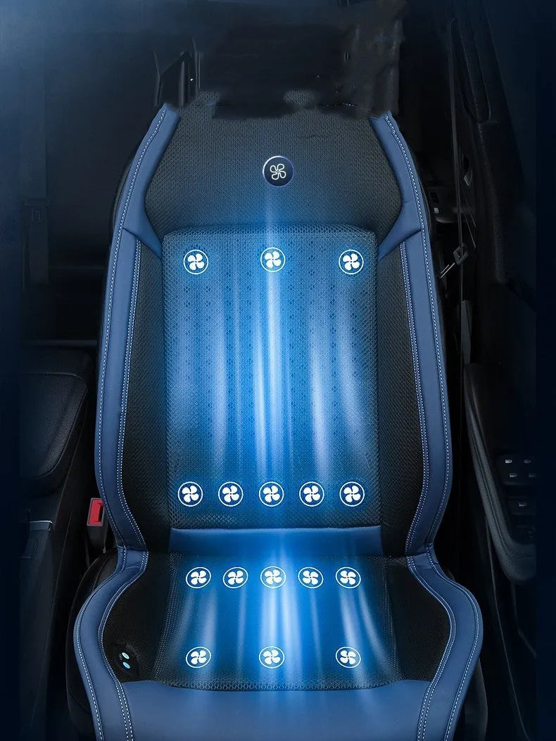 Car seat cooling pad with ventilation system in black colour featuring USB port and minimalist design