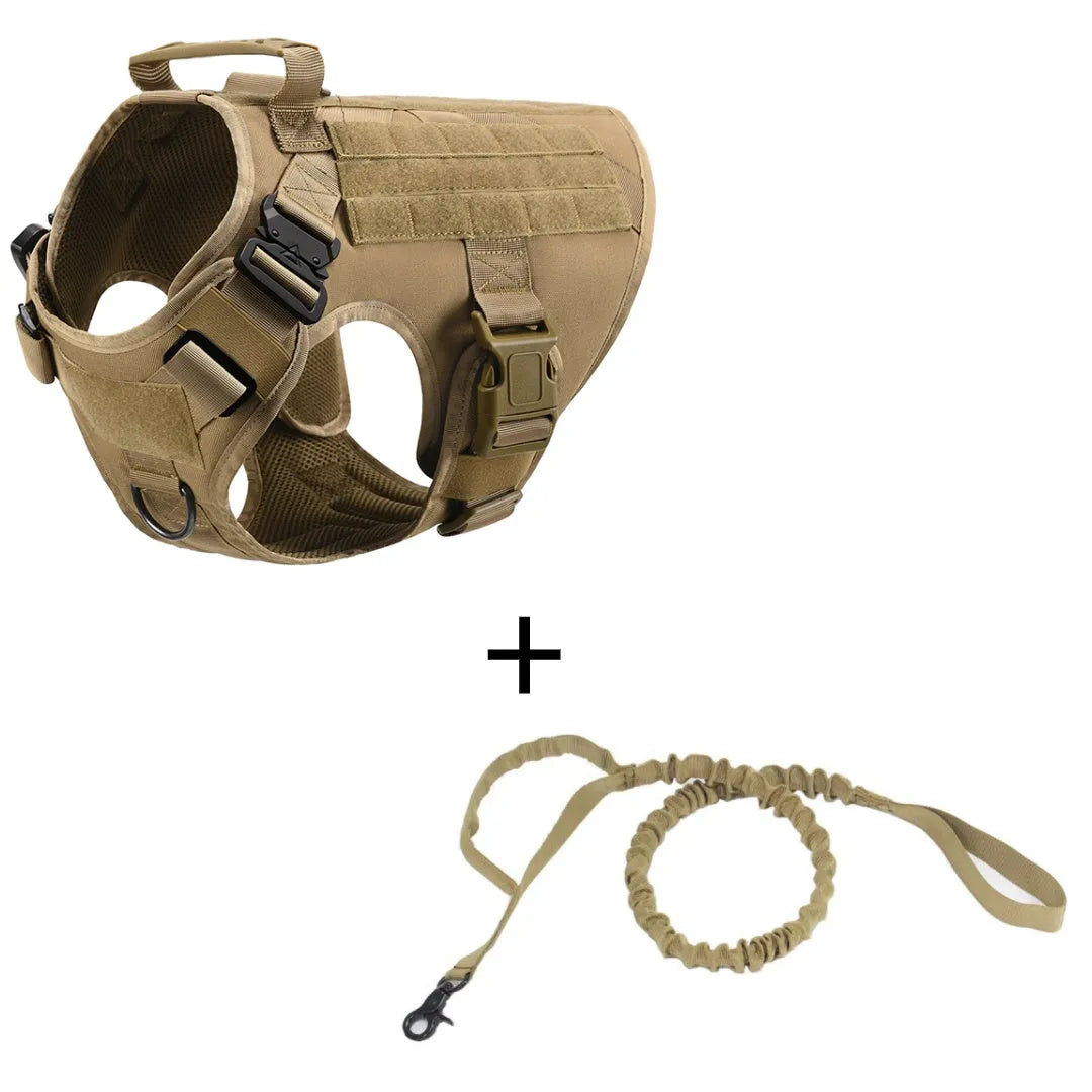 Outdoor tactical polyester dog vest in black with matching leash, set on grass