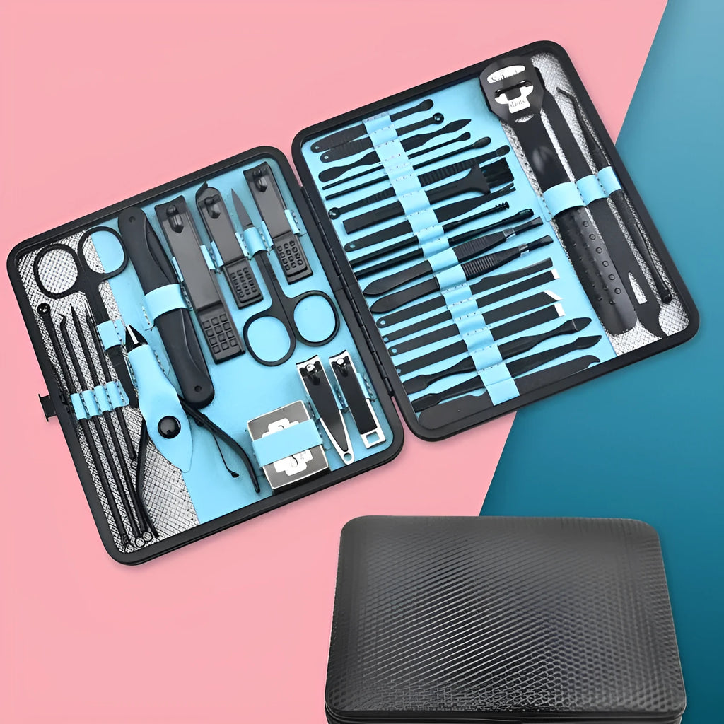 Manicure set with stainless steel tools in a PU leather case, available in red, grey, yellow, and blue