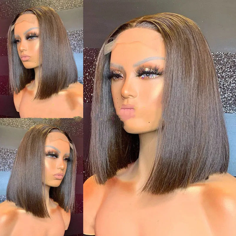 Short Bobo wig with long bangs, mid-shoulder straight synthetic headgear in black, gold, wine red, or linen