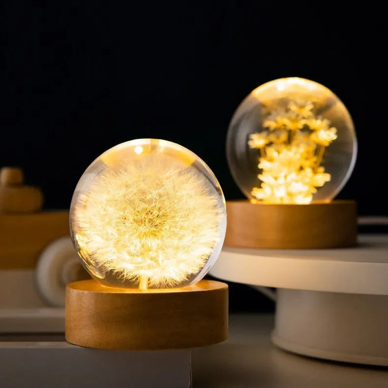 Dandelion crystal ball lamp on beech wood base with USB cable