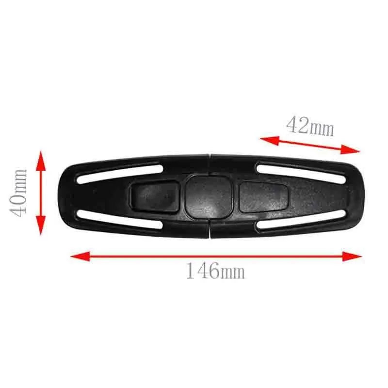 Black nylon seat belt buckle clip for child car seat 5-point harness, dimensions 14.5cm by 4cm
