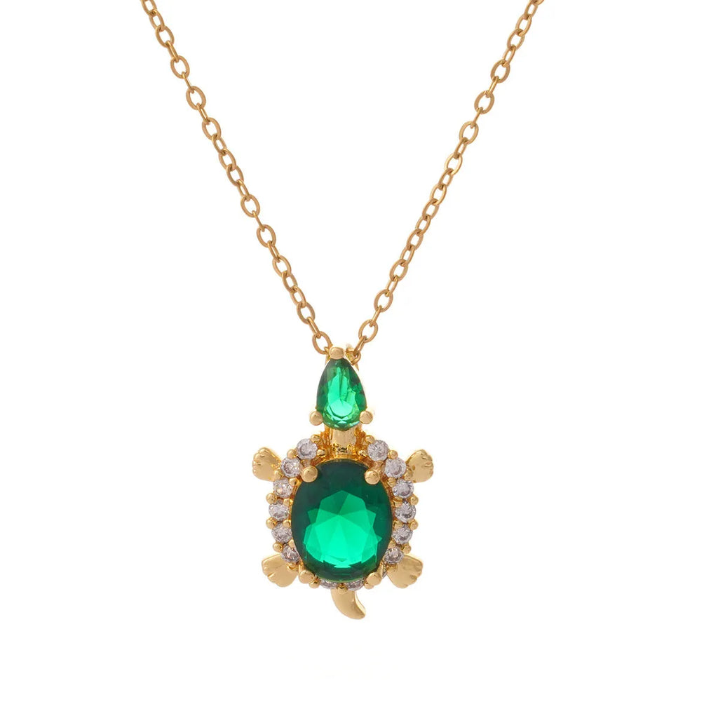 Gold-plated copper sea turtle necklace with zirconium pendant and O-link chain for women