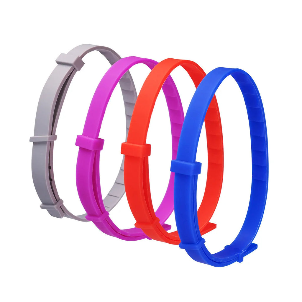 Rose Red plastic anti-flea pet collar for cats and dogs on a plain background