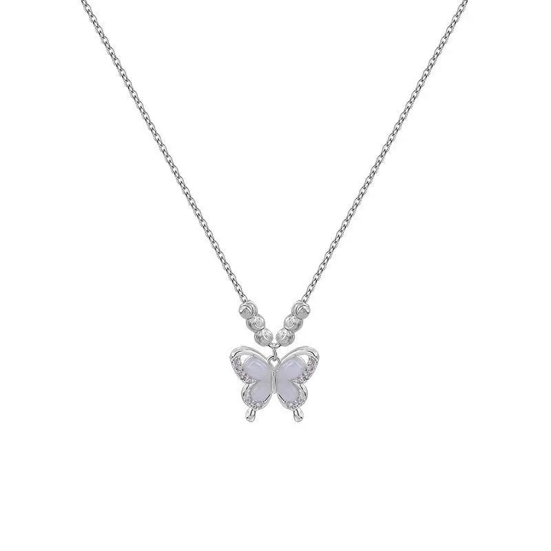 Silver square line opal butterfly pendant necklace on a cross chain for women.