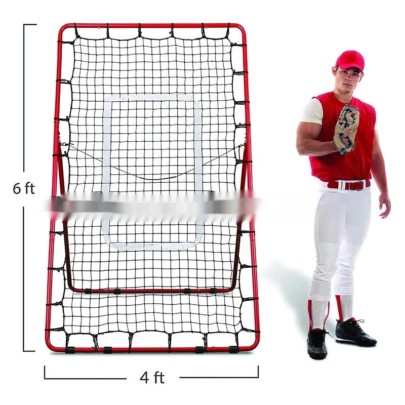 Red adjustable baseball training net with metal frame measuring 95cm wide