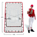 Red adjustable baseball training net with metal frame measuring 95cm wide
