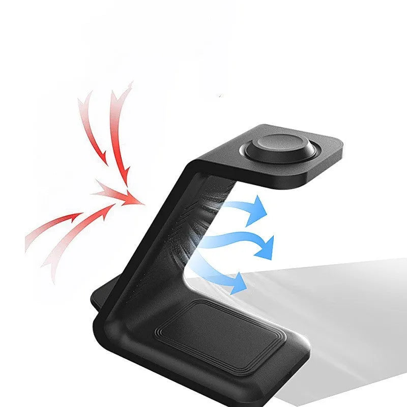 White upright wireless charging stand holding a mobile phone in landscape orientation.