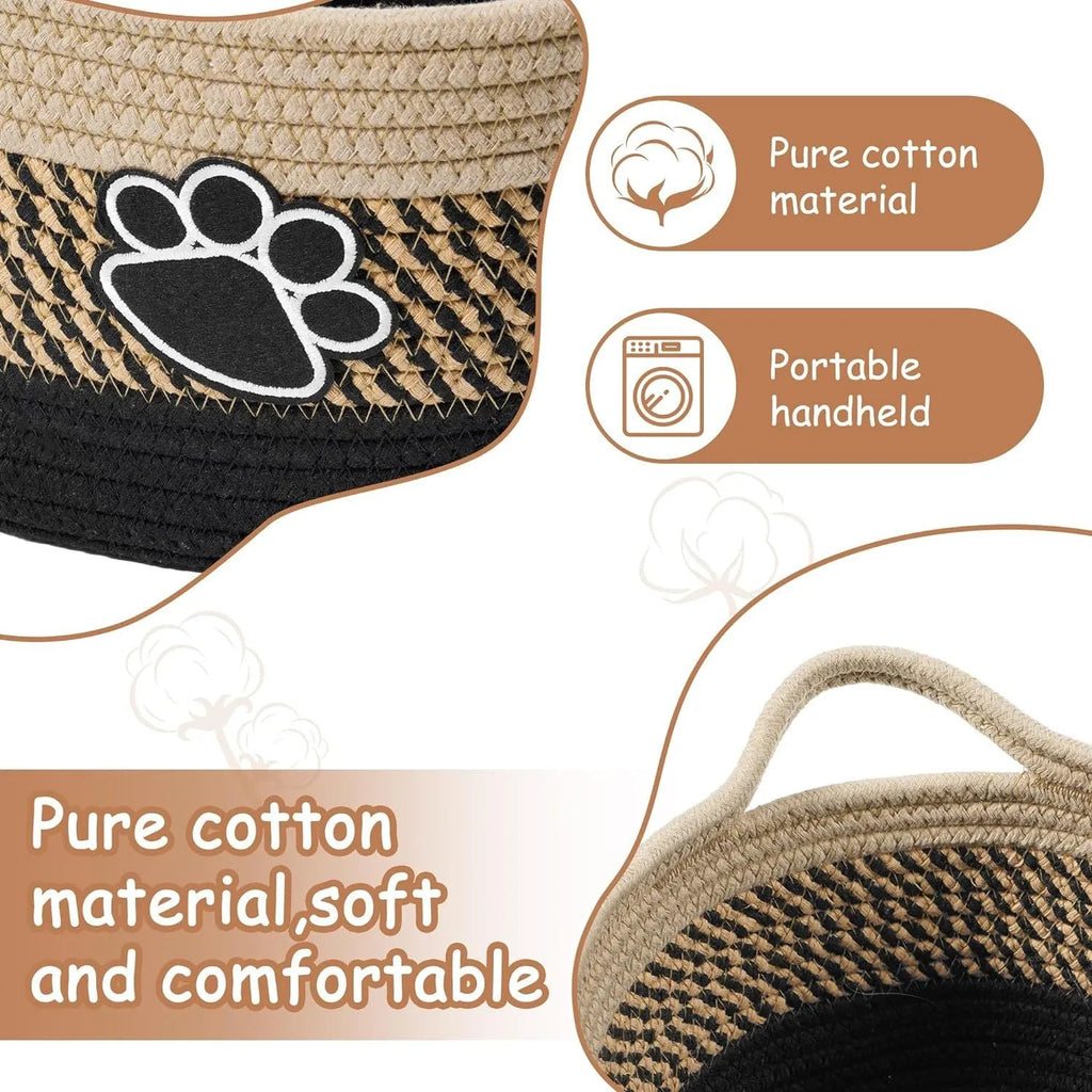 Handmade woven cotton rope storage basket with handle in light beige colour