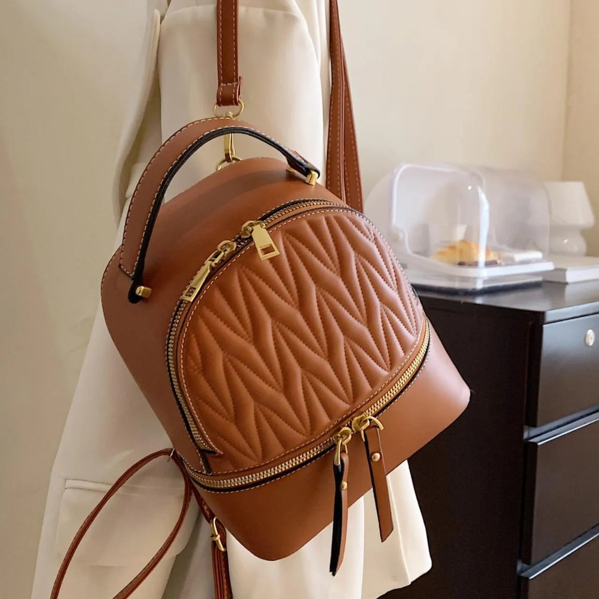 Women's PU backpack in brown, black, khaki, green or white with sandwich pocket, 22cm height and 19cm bottom width