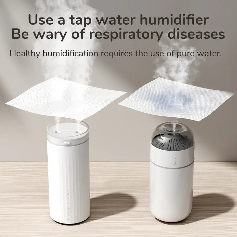 500ml desk humidifier with night light, two fog outlets, USB and car power, in Earth Brown, Coral Pink, or White.
