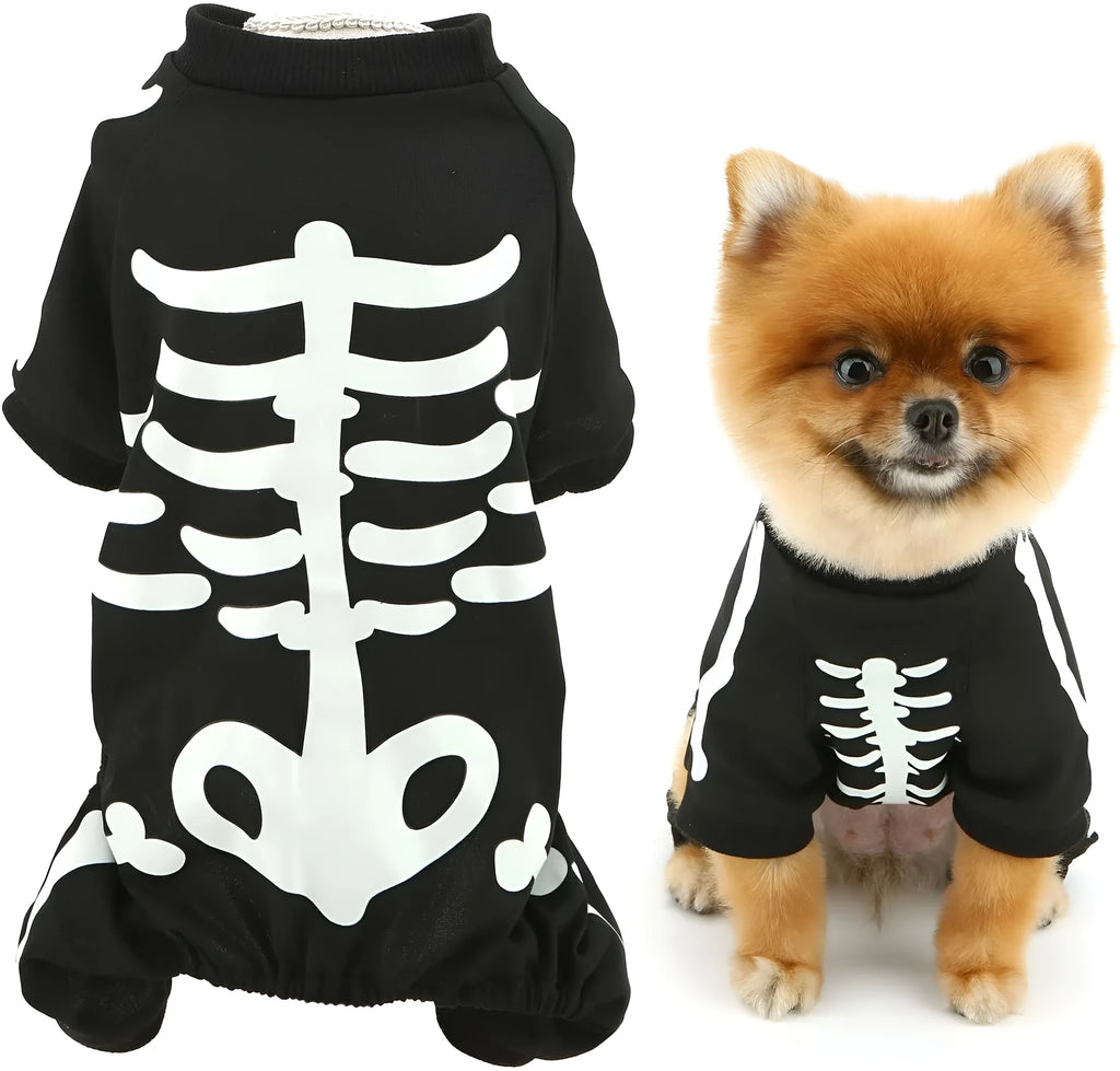 Glow in the dark skeleton Halloween dog costume jumpsuit for small dogs, sizes S to XL
