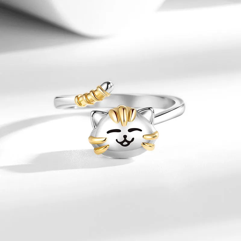 Adjustable cat ring for women in white gold colour copper with open band and cartoon cat design