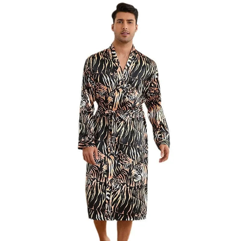 Men's tiger pattern bathrobe set with matching shorts in lightweight ice silk fabric