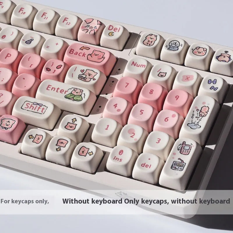 Pink PBT mechanical keyboard key cap with a detailed fragrant pig character design on all sides.