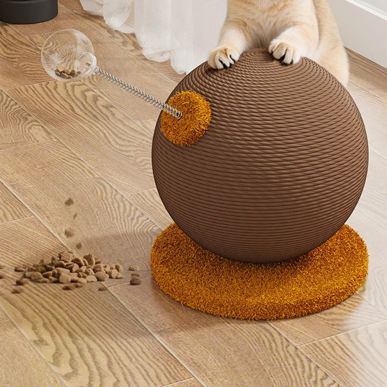A hemp rope cat scratching board with a colourful cat grasping ball toy placed beside it.