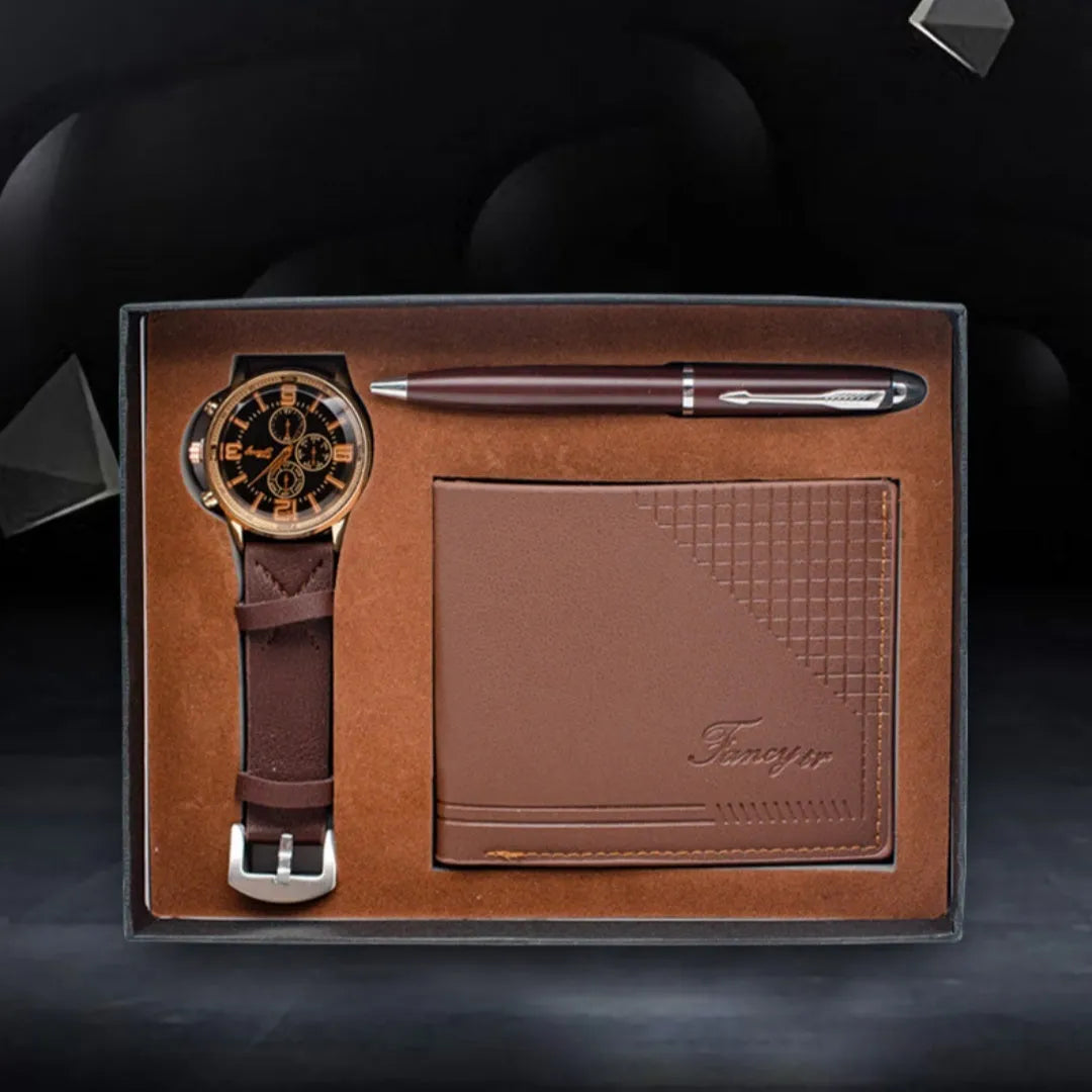 Modern business gift set showing wallet, pen and watch in brown and black colour options with gift box