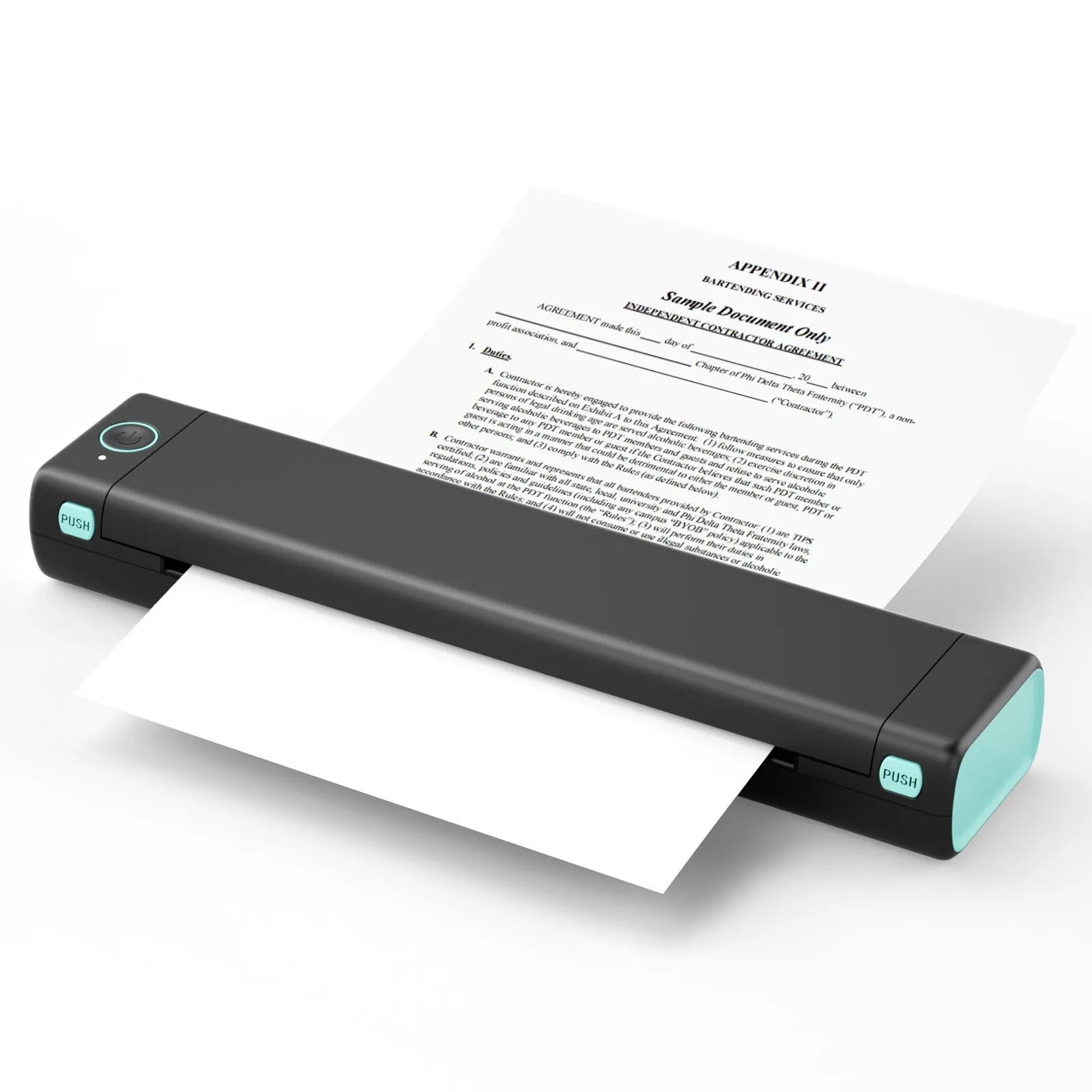 Phomemo M08F white A4 portable thermal printer with USB cable on a wooden desk