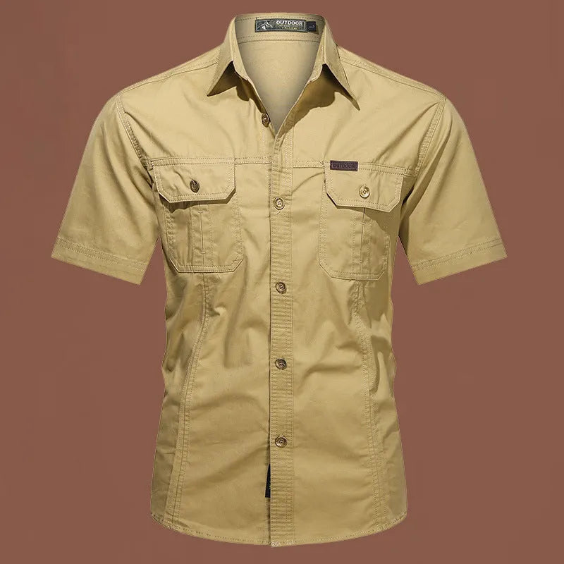 Men's short sleeve cotton work shirt in a loose cardigan style, shown in army green colour.