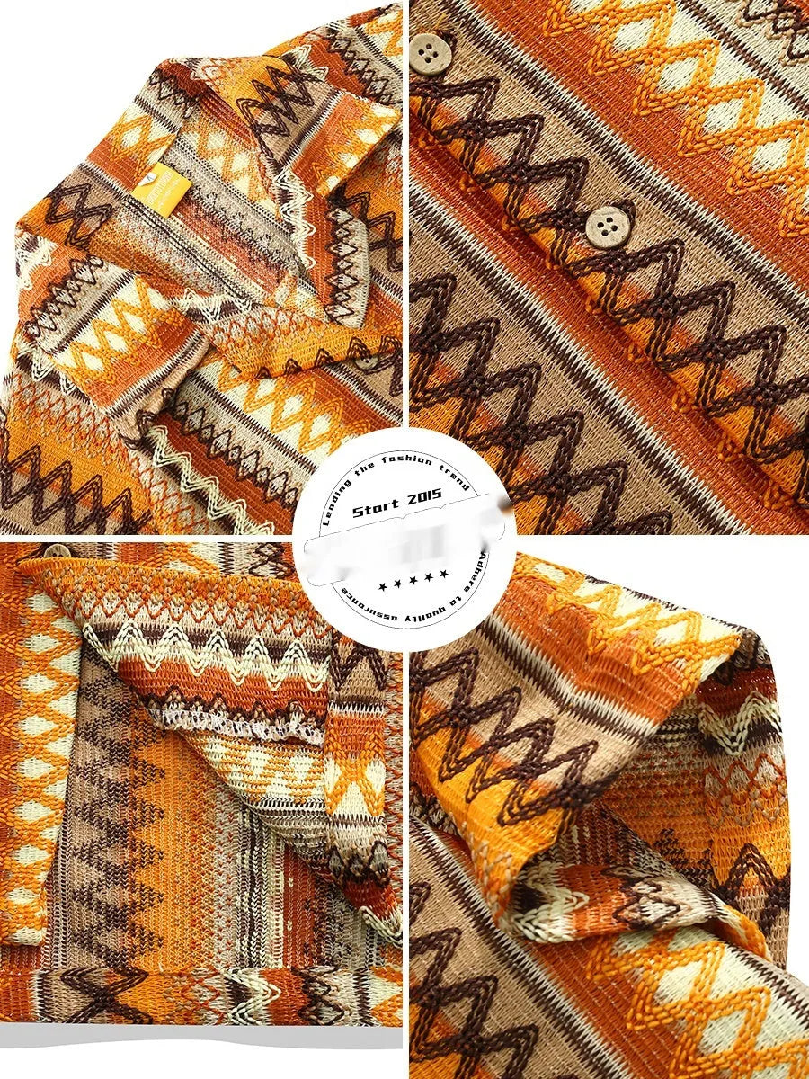 Ethnic woven Cuban collar shirt with contrast colours and short drop-shoulder sleeves.