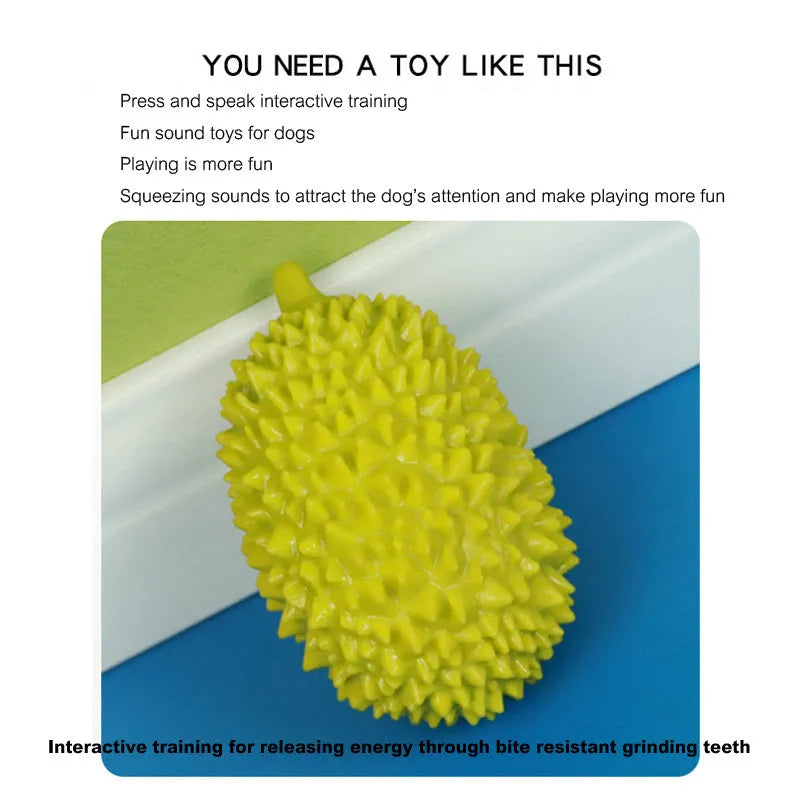 Durian-shaped dog chew toy in beige, green, and yellow colours with textured surface for teeth cleaning