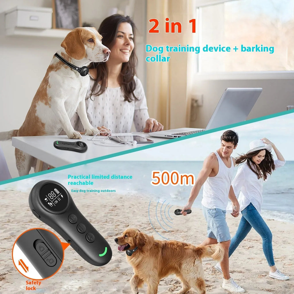 3-in-1 dog trainer bark stopper with three training modes in black ABS plastic casing