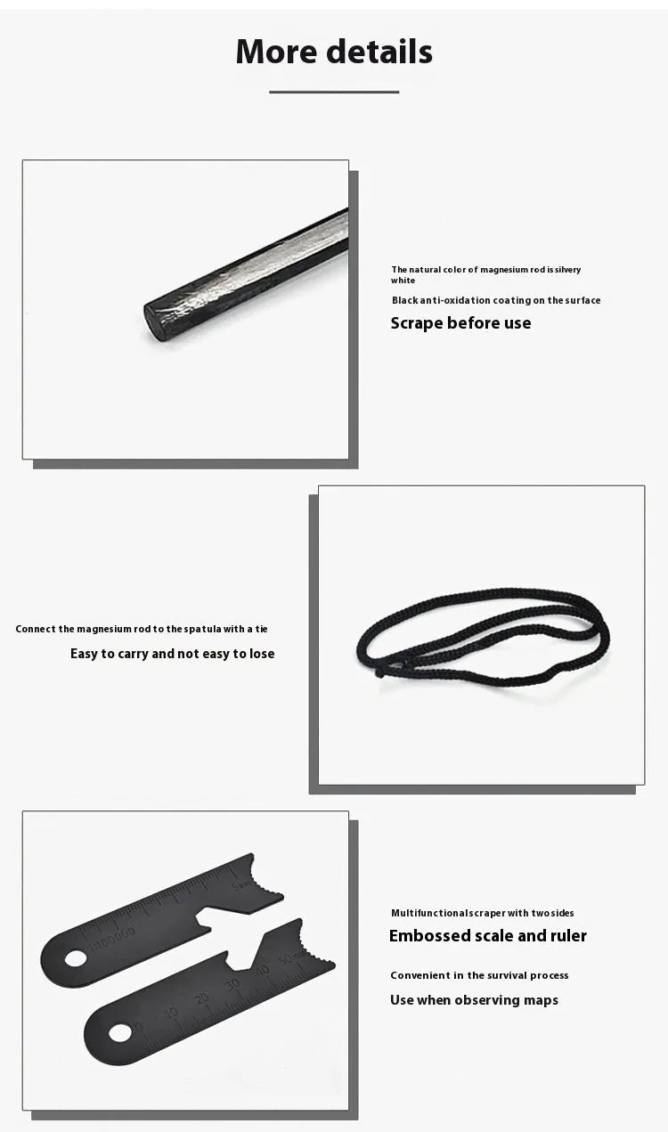 Black outdoor multifunctional flint with magnesium rod, stainless steel scraper, and survival whistle.