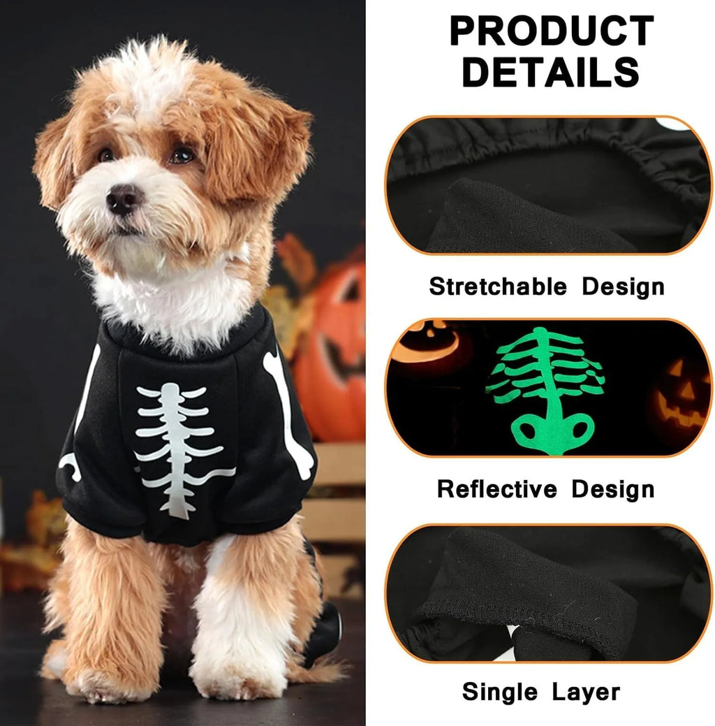 Glow in the dark skeleton Halloween dog costume jumpsuit for small dogs, sizes S to XL
